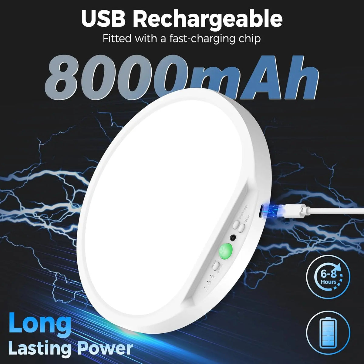 White rechargeable motion sensor ceiling light with a charging port and remote control