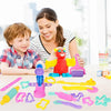 A child and woman are shown with an animal-shaped playdough tool set including a dinosaur and various sculpting tools.