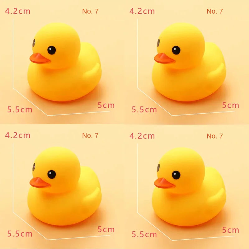 A bright yellow rubber duck toy is shown from above, with various sizes labeled for different numbers.