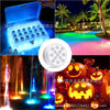 A collection of submersible LED pool lights, including a box light, a vibrant pool display, and glowing jack-o'-lanterns.