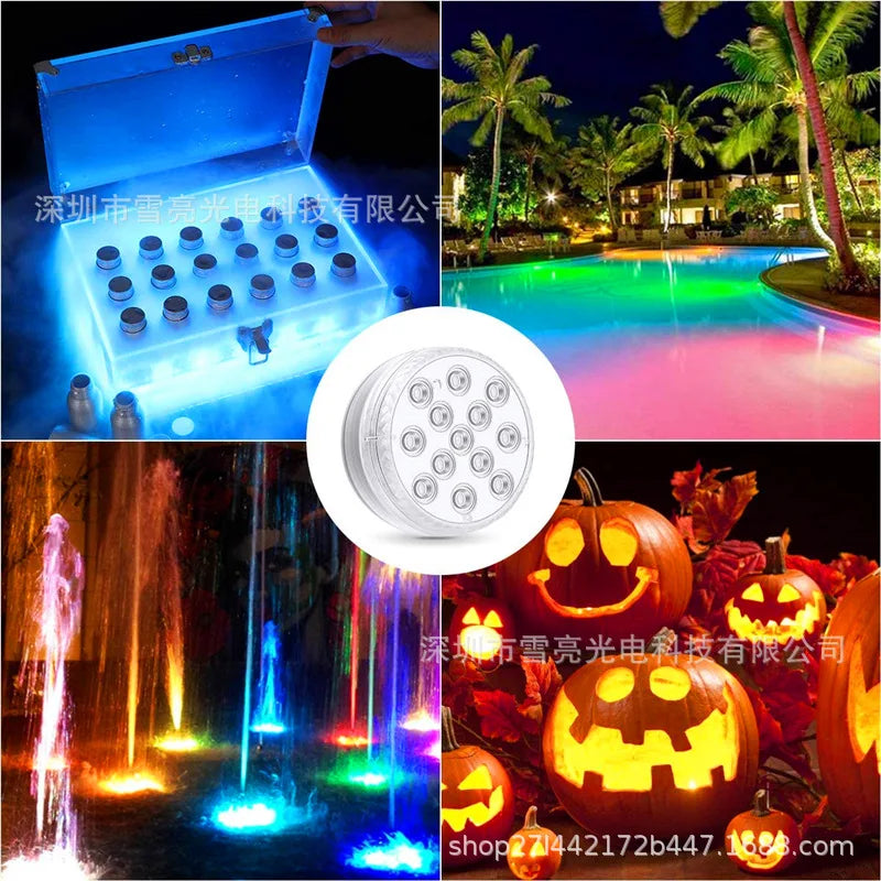 A collection of submersible LED pool lights, including a box light, a vibrant pool display, and glowing jack-o'-lanterns.