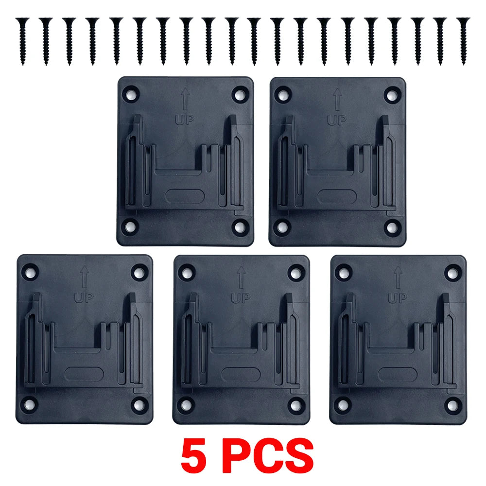 Five black wall-mount holders for Makita 18V batteries and power tools, including mounting brackets.