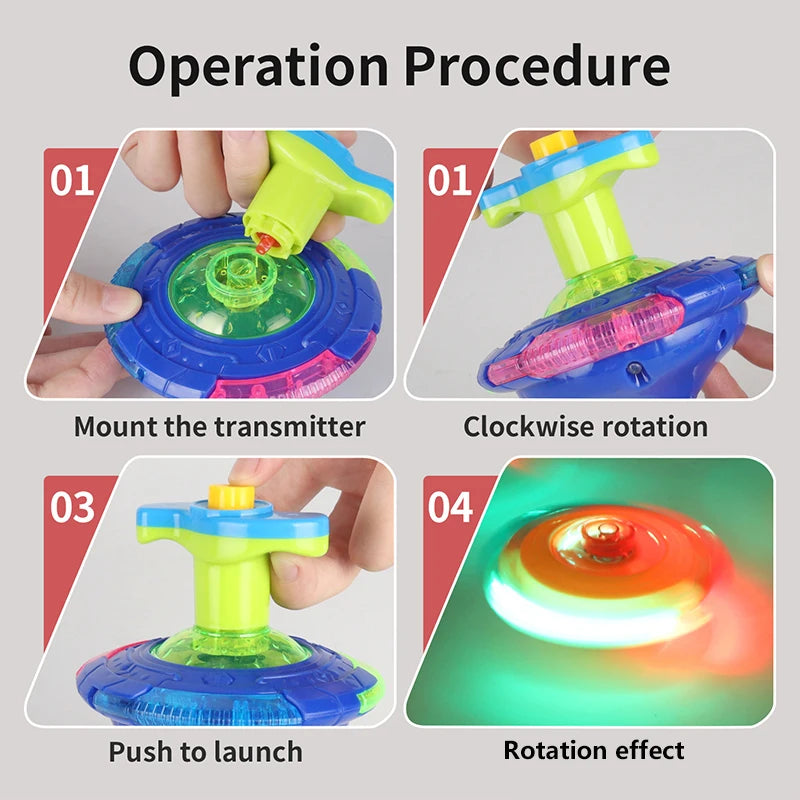Step-by-step guide showing how to mount, launch, and observe the rotation effect of a glowing musical spinning top.
