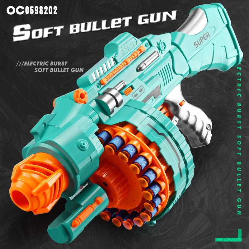 A teal electric burst soft bullet gun toy with an orange rotor and silver barrel.