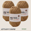 Three skeins of khaki colored Milk cot skin-friendly yarn for knitting and crochet projects.