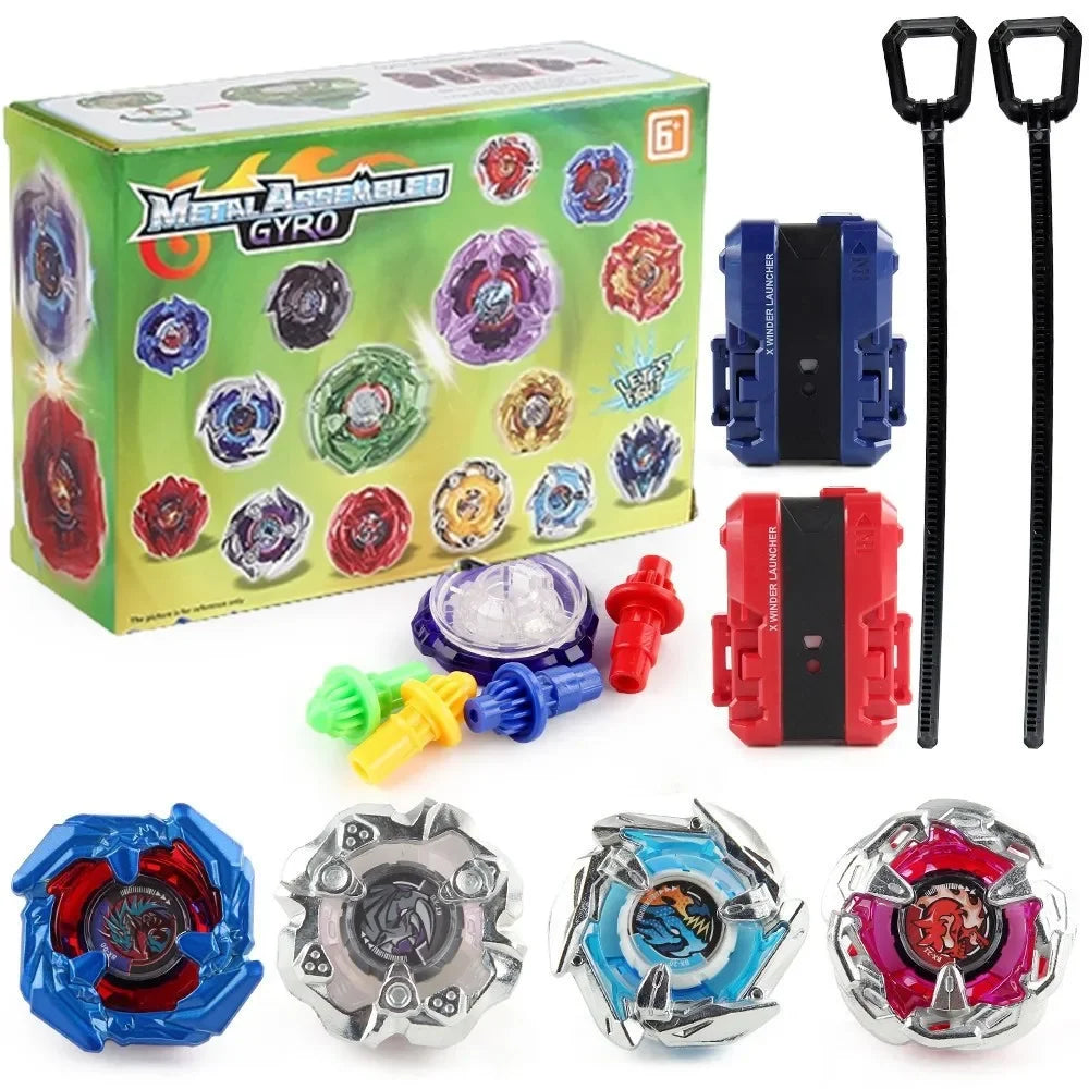 Metal Gyro spinning top battle set with multiple colored tops and launchers