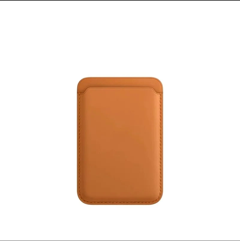 A brown leather wallet case designed for MagSafe compatibility.