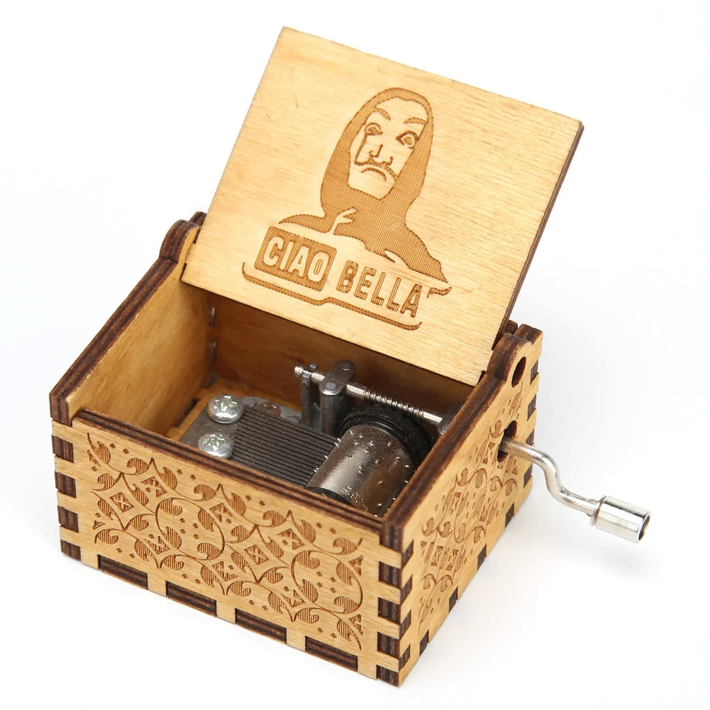A wooden music box with a lid featuring a profile of a woman and the text CIAO BELLA