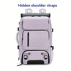 A light purple laptop backpack featuring hidden shoulder straps and a shoe compartment.