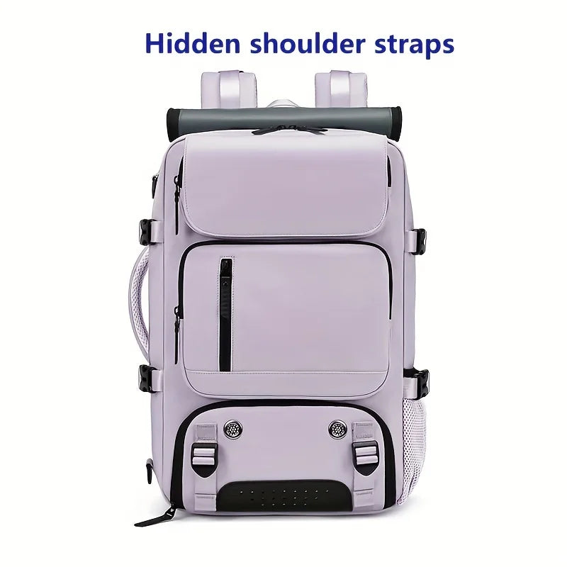 A light purple laptop backpack featuring hidden shoulder straps and a shoe compartment.