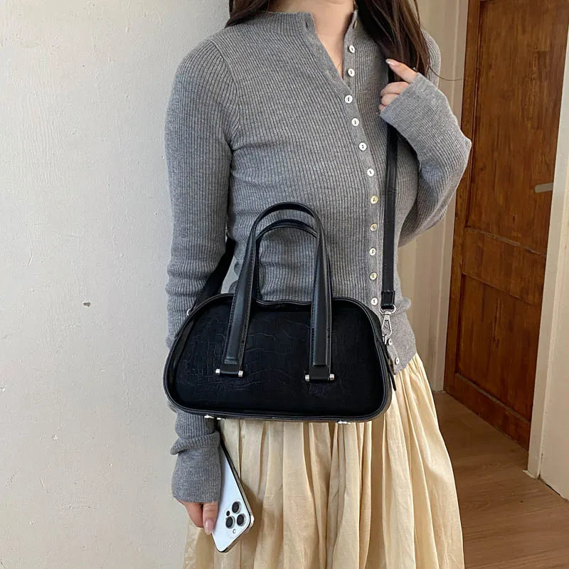 Vintage Croc-Embossed Mini Boston Bag with Dual Straps
