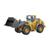 A yellow remote control construction excavator with a dump truck attachment is shown from the side.