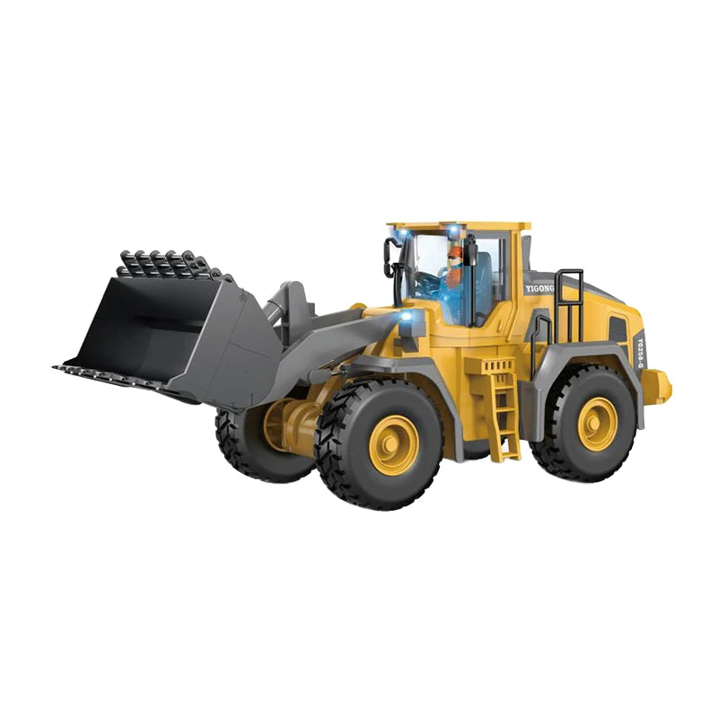 A yellow remote control construction excavator with a dump truck attachment is shown from the side.