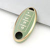 A light green TPU car key case cover with a gold finish and multiple slots for keys.