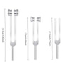 A set of four metal tuning forks with different lengths and activators shown side by side.