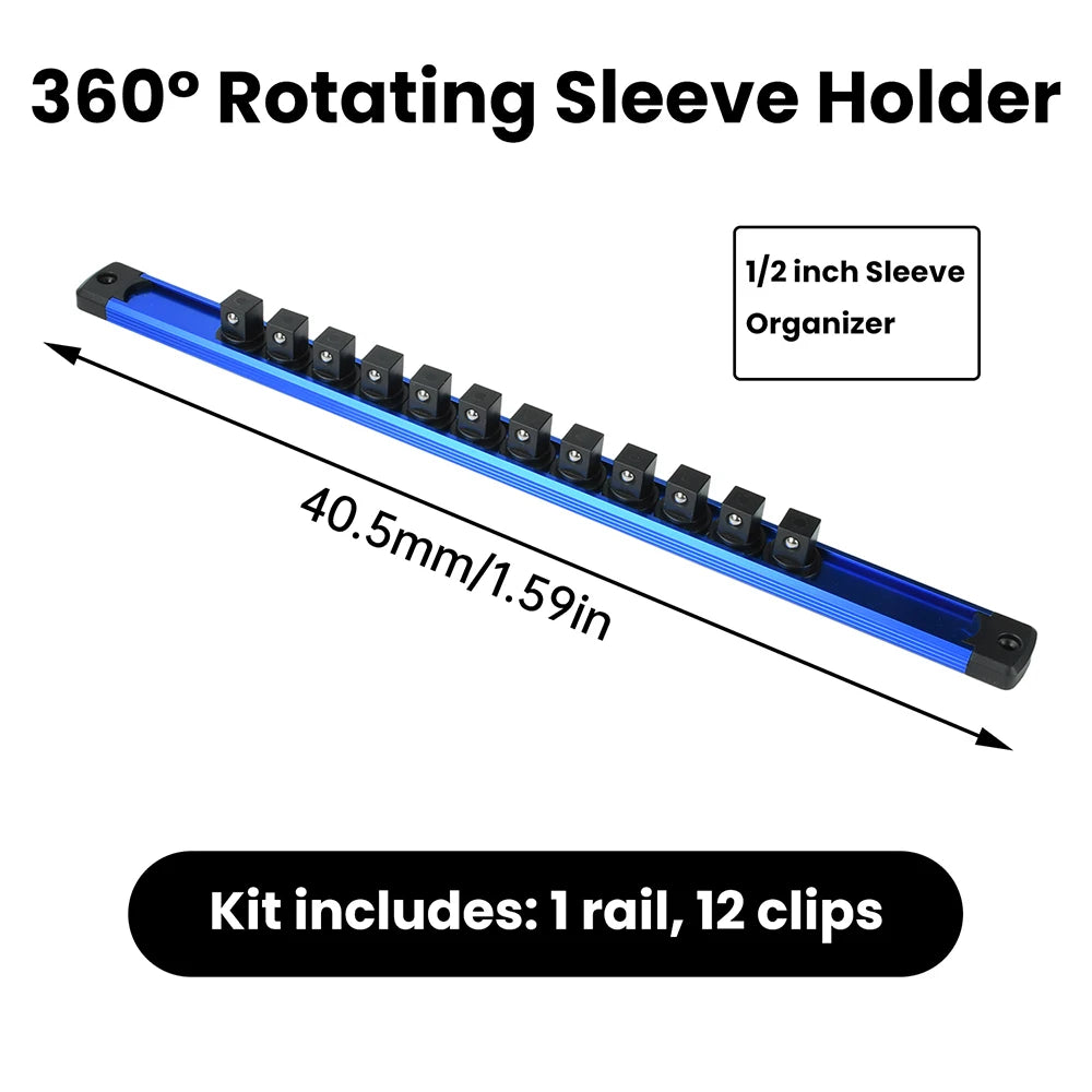 A blue sleeve holder organizer kit featuring one rail and twelve clips for organizing sockets.