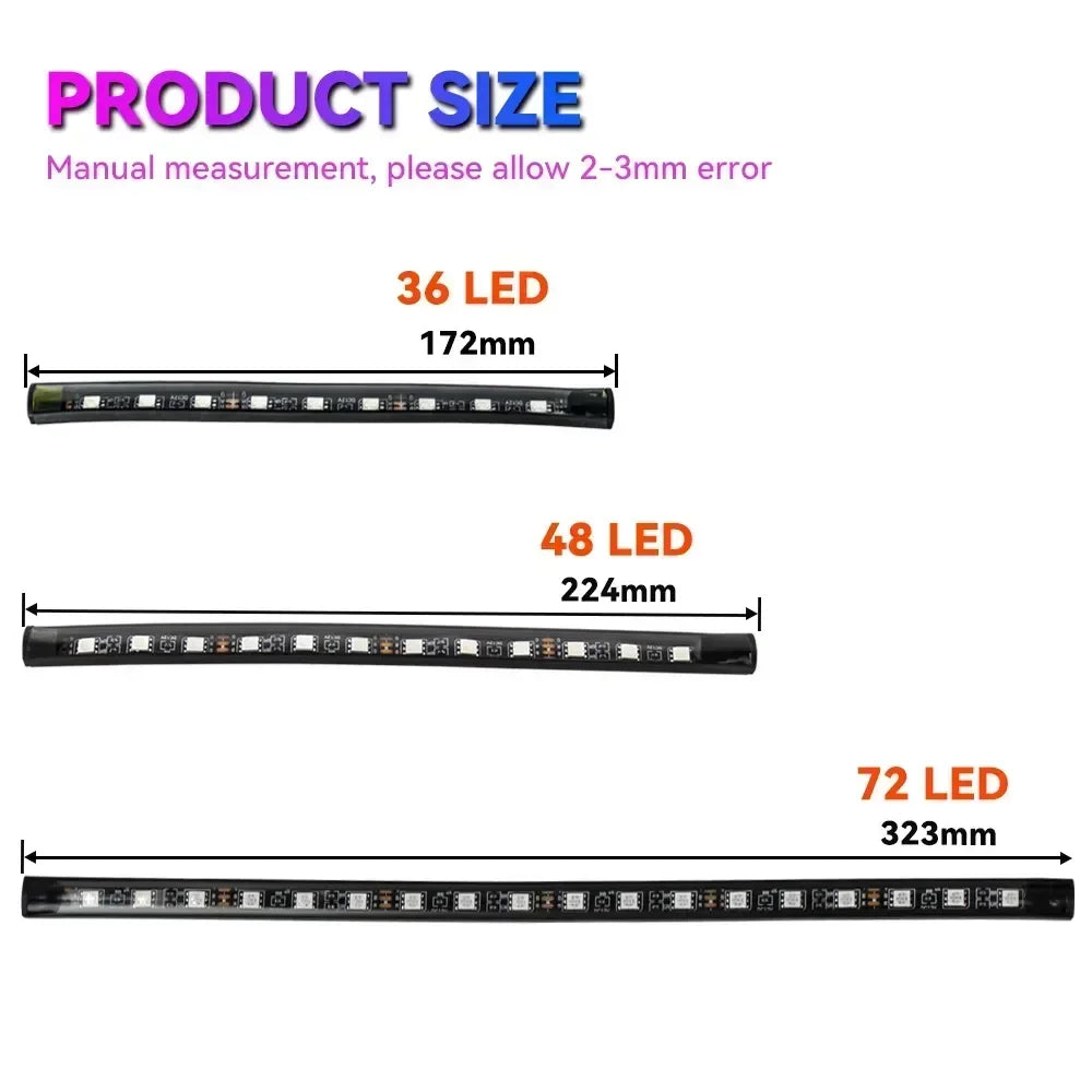 Three strips of LED light bars showing different lengths: 36 LED (172mm), 48 LED (224mm), and 72 LED (323mm).