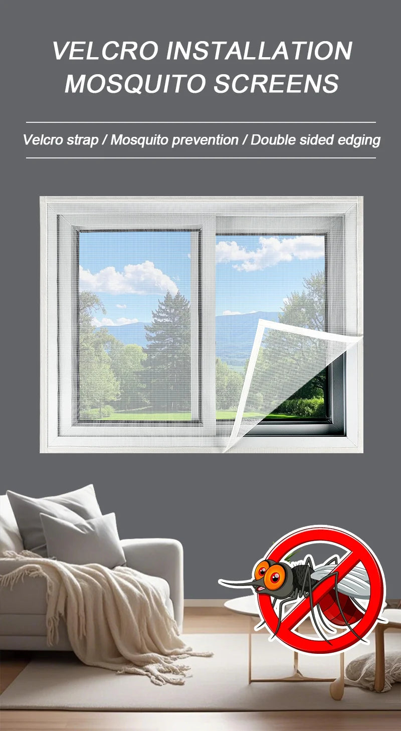 A white window with a mesh screen installed using Velcro strips for mosquito protection.