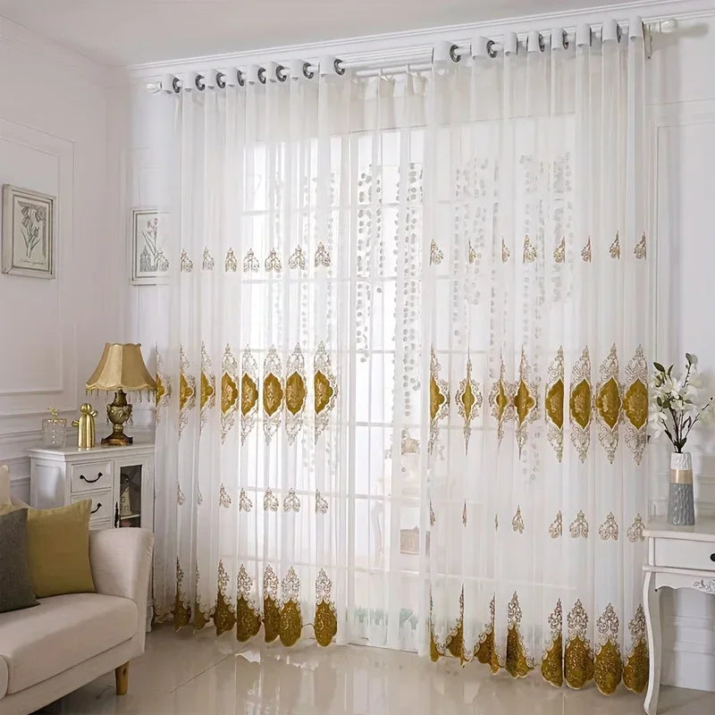Embroidered Gauze Curtain with Floral Design