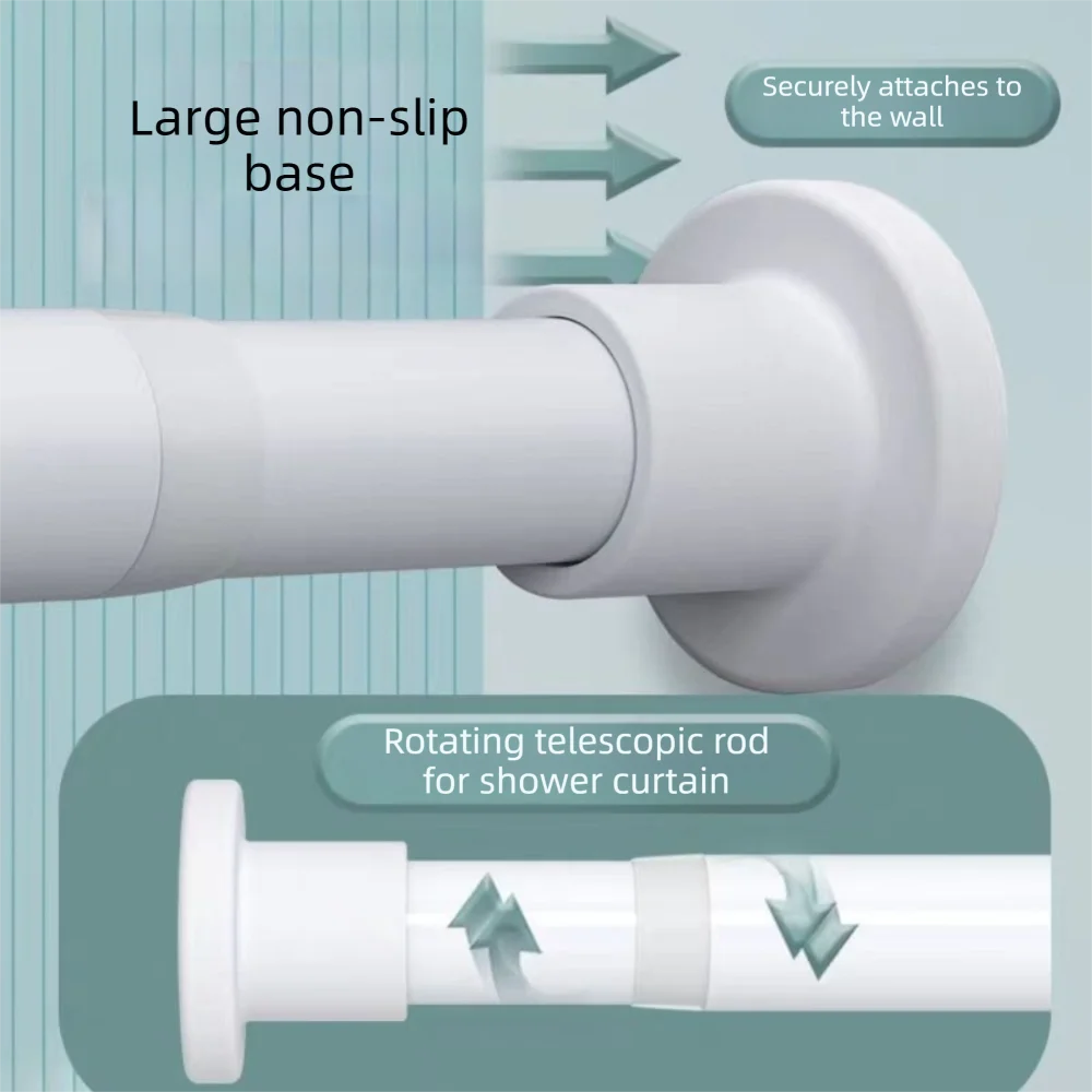 A white non-slip base and rotating telescopic rod with hanging clips for a shower curtain.