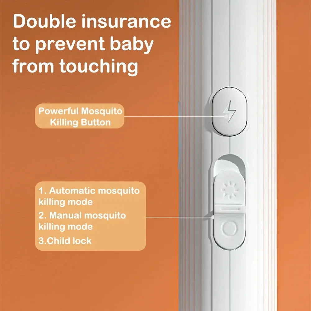 Close-up of a white electric mosquito swatter device with buttons and a protective cover.