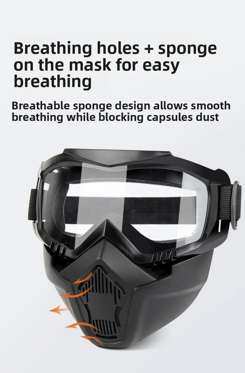 Black anti-fog motorcycle goggles with a vented nose piece shown in a close-up view.