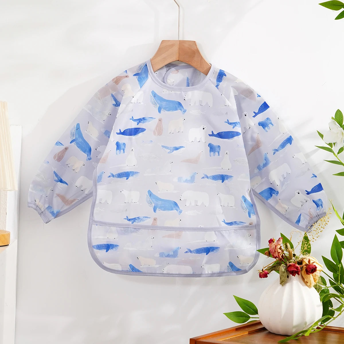 Waterproof Long-Sleeve Baby Bib with Catch-All Pocket