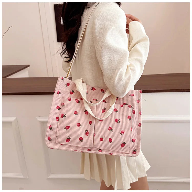 Strawberry Bowknot Canvas Tote Bag