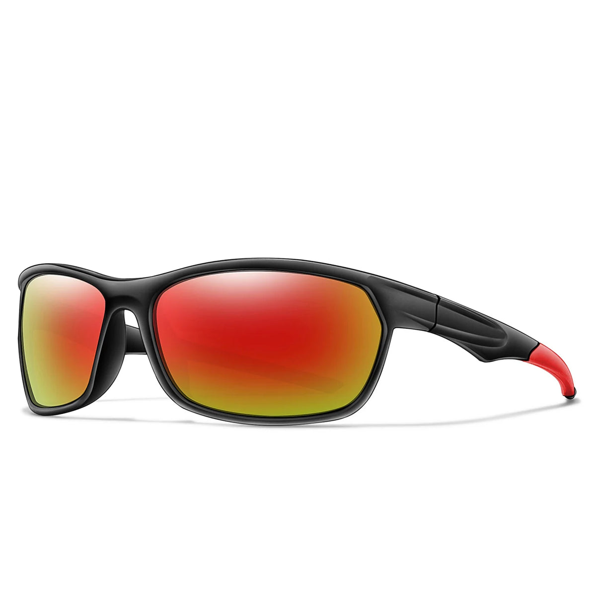 A pair of black sports sunglasses with orange-tinted lenses and red accents.