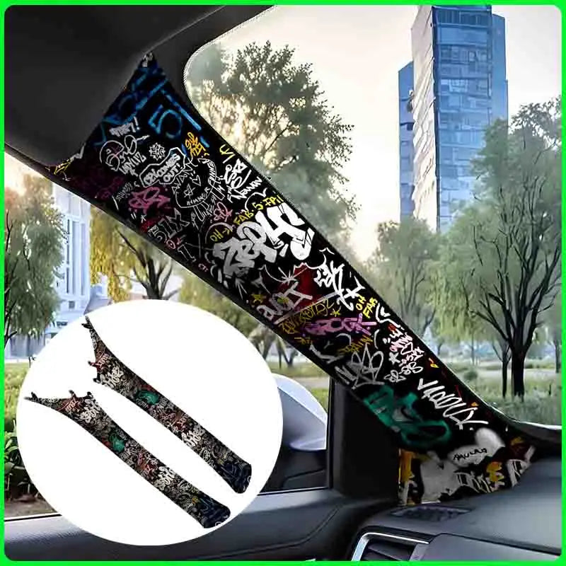 A close-up view of a graffiti pattern velvet car interior wrap sticker applied to the side of a vehicle.