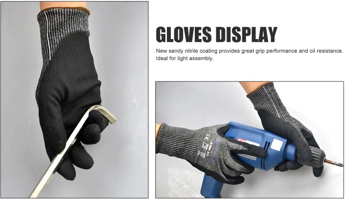 Black work gloves with a sandy nitrile coating being used to grip a metal tool.