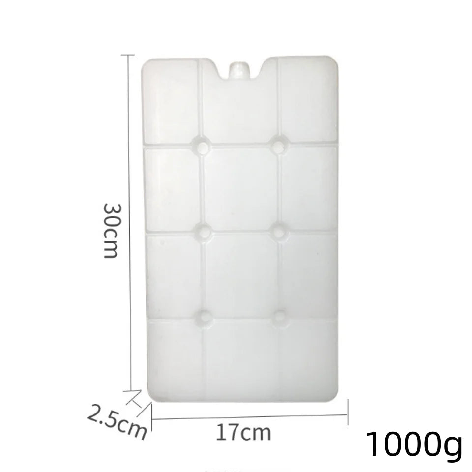 A white reusable leak-proof ice pack with dimensions 30cm by 17cm and a weight of 1000g.
