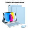 A blue detachable wireless keyboard case and mouse shown next to an iPad laptop.