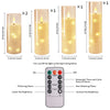 A set of five pillar candles with twinkling LED string lights and a remote control for dimming and timer functions