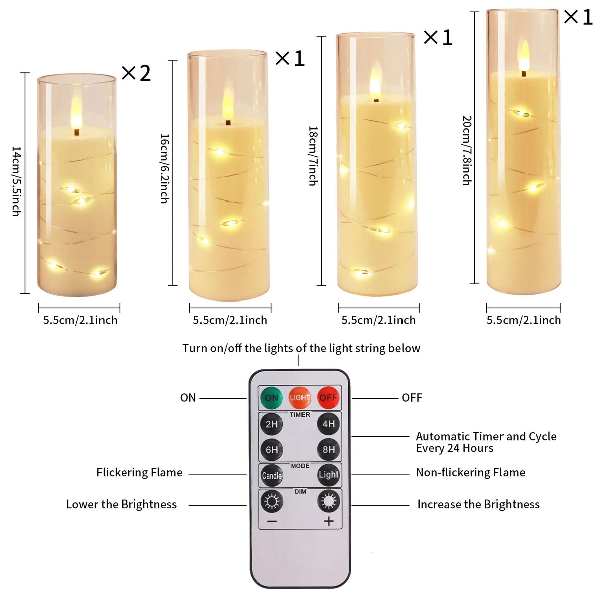 A set of five pillar candles with twinkling LED string lights and a remote control for dimming and timer functions