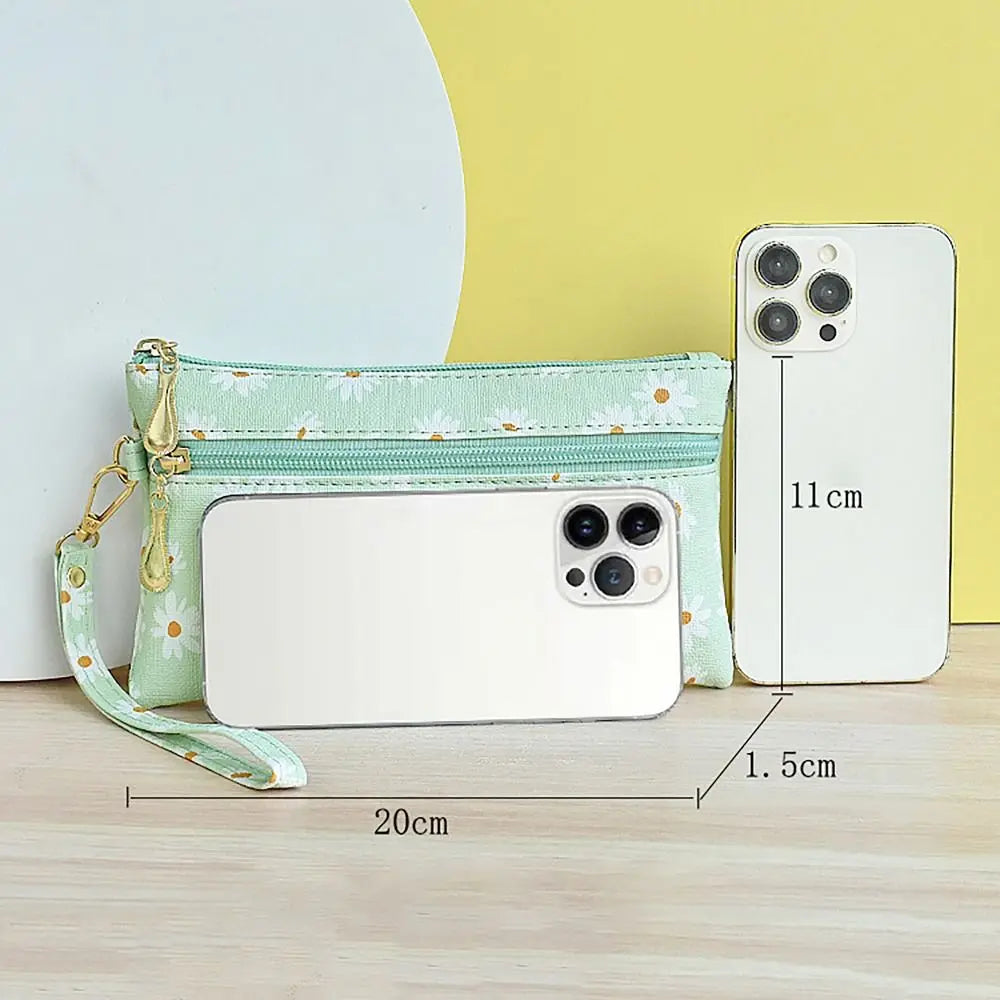 Daisy Print PU Leather Wristlet Wallet with Zipper Closure