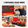 A man is using a wall-mounted storage system for tools, showing two usage modes: hanging and stackable on shelves.
