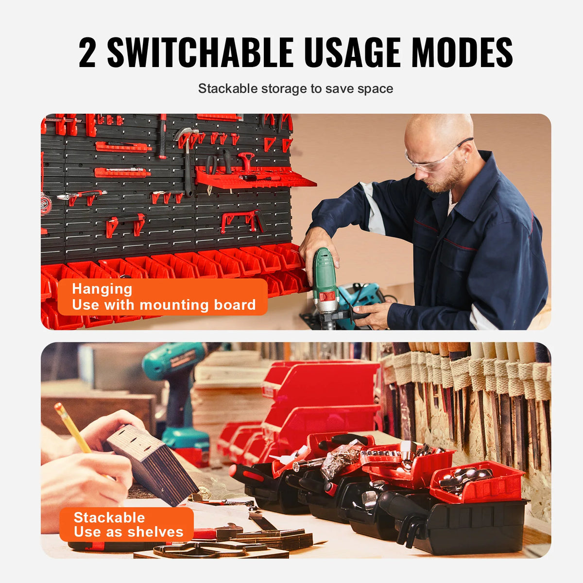 A man is using a wall-mounted storage system for tools, showing two usage modes: hanging and stackable on shelves.