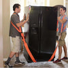 Two men use orange furniture moving straps to secure a large black refrigerator during a move.