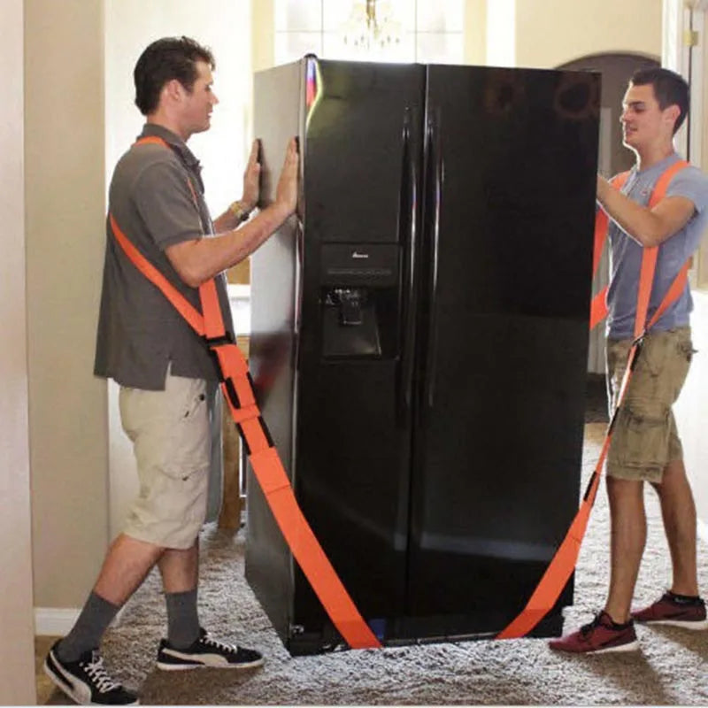 Two men use orange furniture moving straps to secure a large black refrigerator during a move.