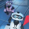 A white robot toy with blue eyes and a red arm is shown in a futuristic setting.