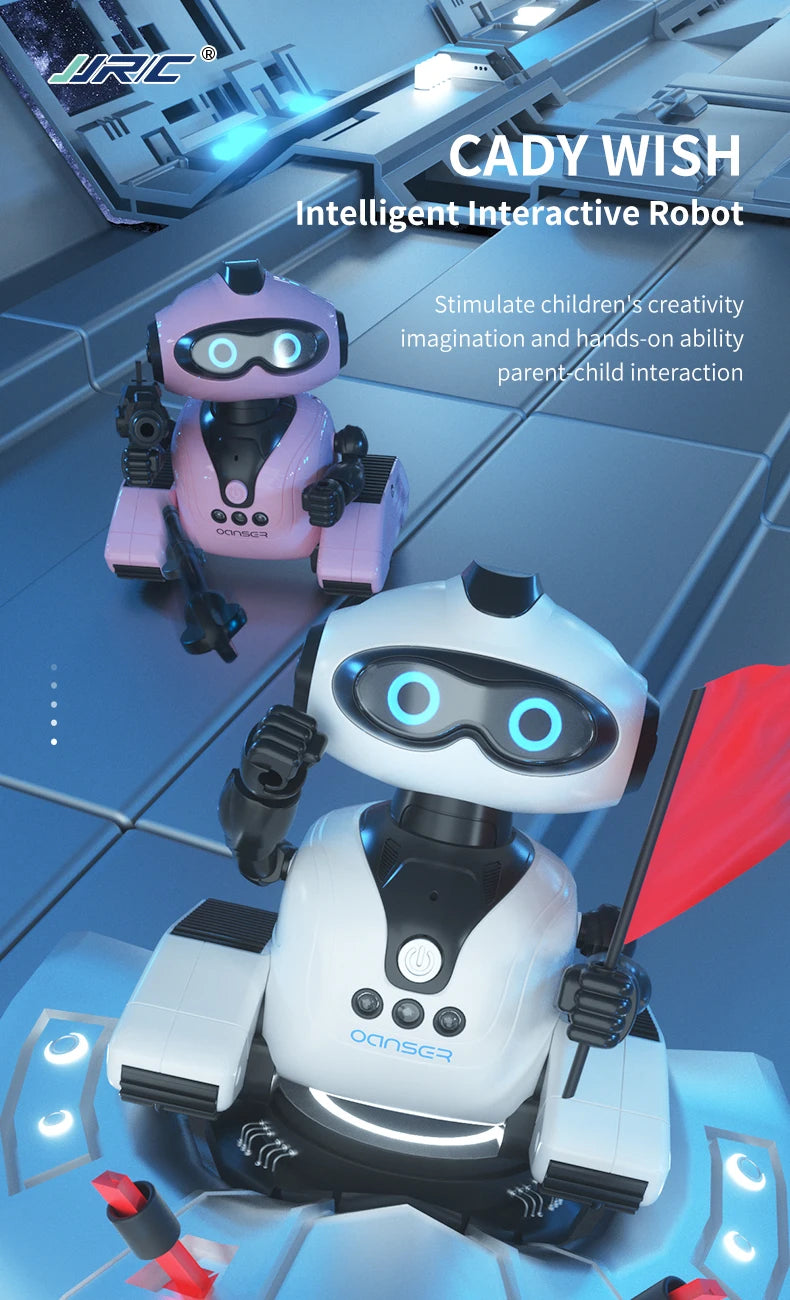 A white robot toy with blue eyes and a red arm is shown in a futuristic setting.