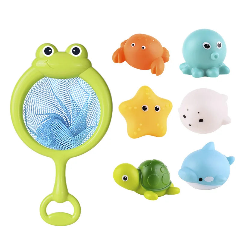 A set of floating bath toys including an orange fish, a blue turtle, a yellow star, and a green turtle with a catch net.