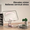A clear acrylic tablet stand is shown on a wooden surface, designed to elevate vision and relieve cervical stress.