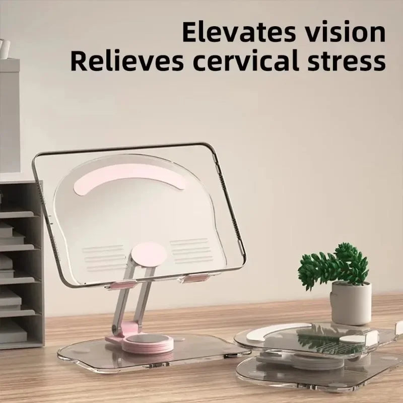 A clear acrylic tablet stand is shown on a wooden surface, designed to elevate vision and relieve cervical stress.