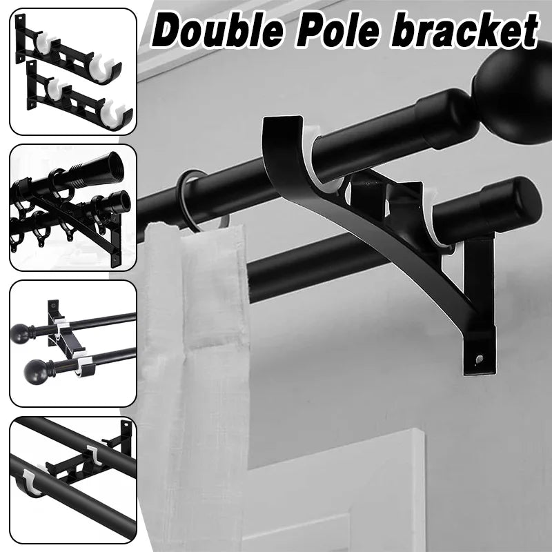 Double pole bracket for curtain rods shown in various angles and installation context.