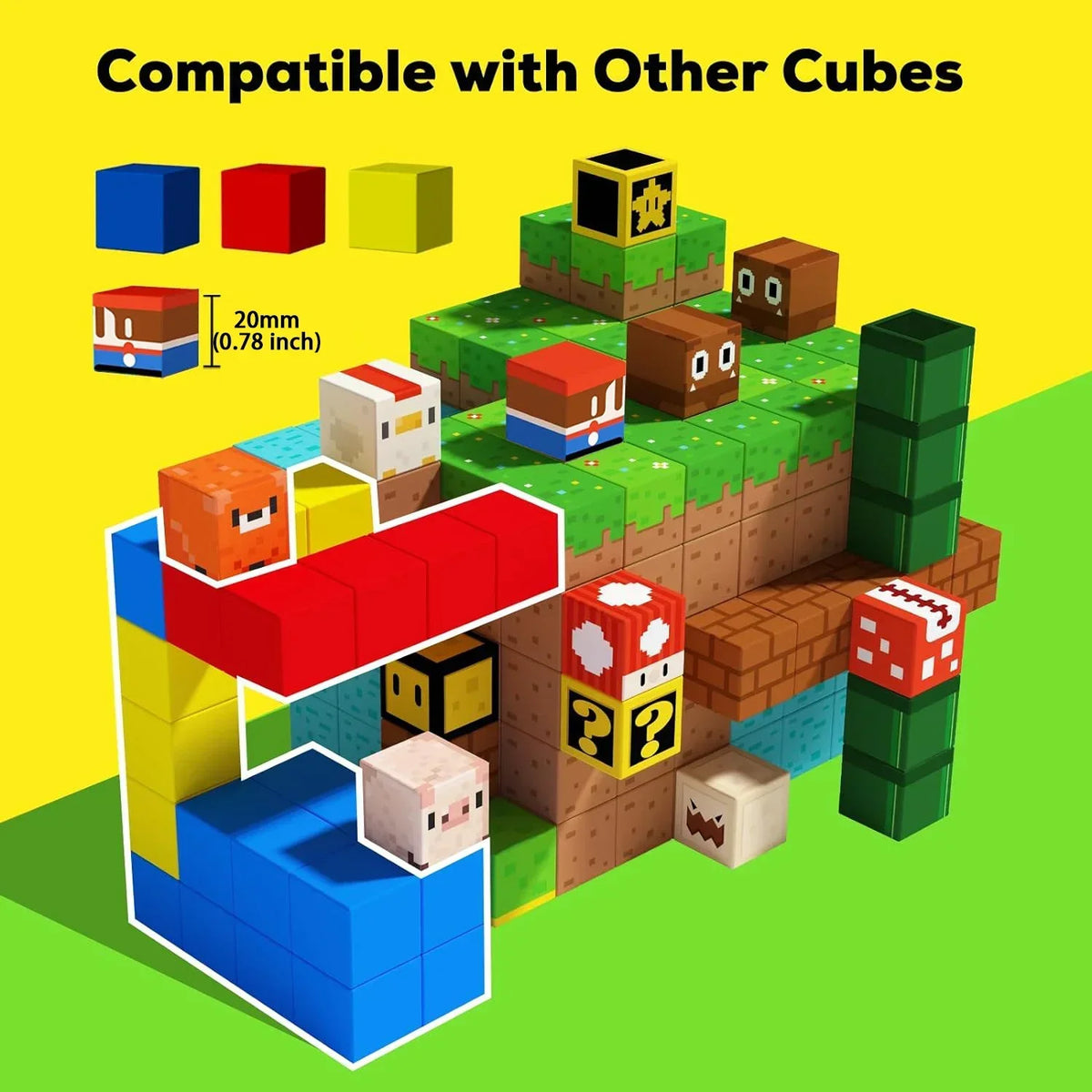 A collection of colorful magnetic building blocks stacked and arranged on a green surface.