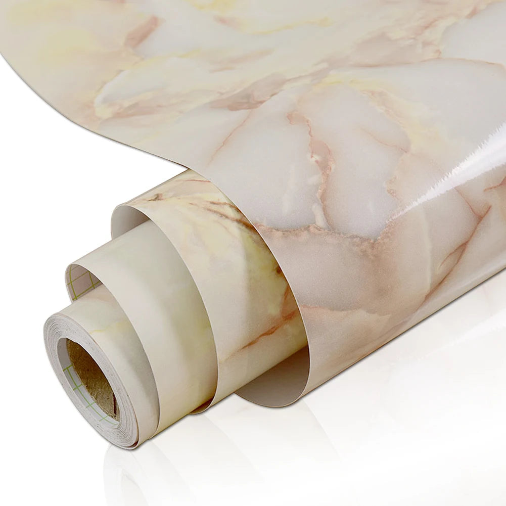 Roll of marble contact paper featuring natural beige and cream veining