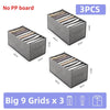 Three gray fabric storage boxes with dividers for organizing underwear, socks, and accessories.