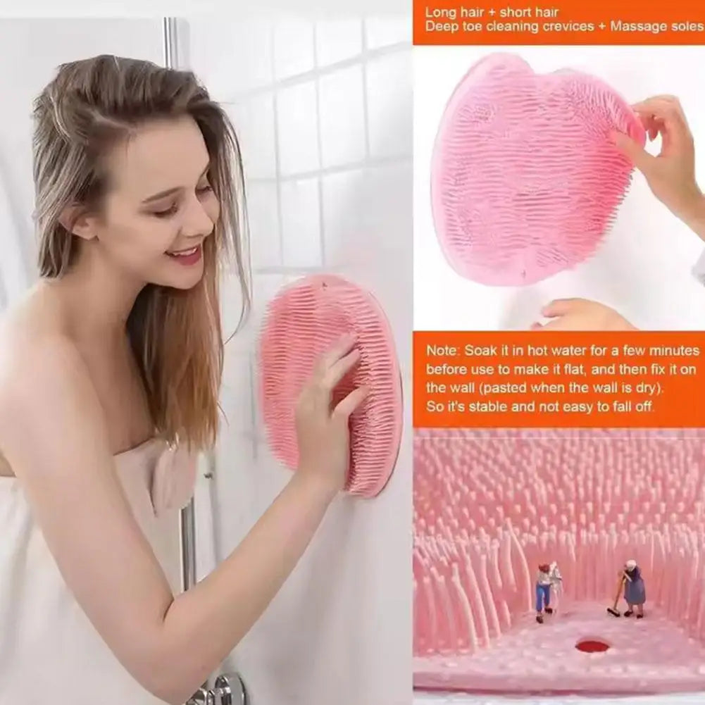Pink silicone foot scrubber with a suction base shown next to a woman using it on a wall.